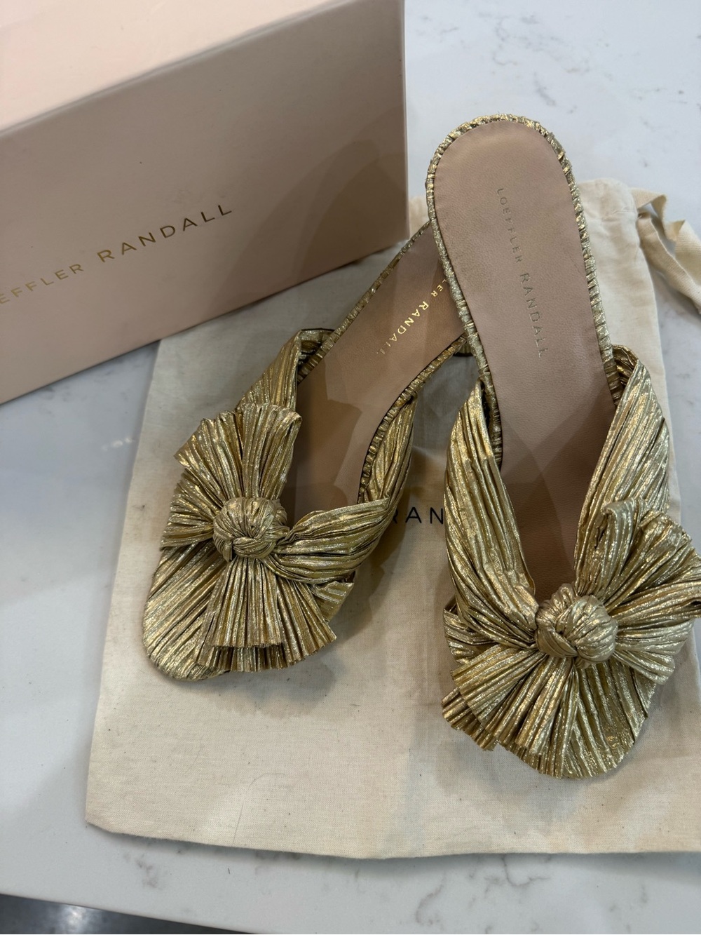 Loeffler Randall Metallic Gold Knot Slide Mules - Picture 2 of 4